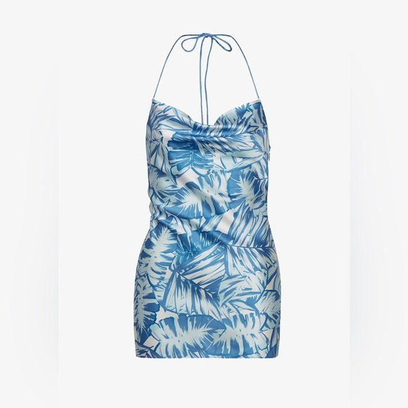 SEROYA Iggy Silk Blue Palm Pattern Mini Strappy Dress NEW Medium - Picture 2 of 5